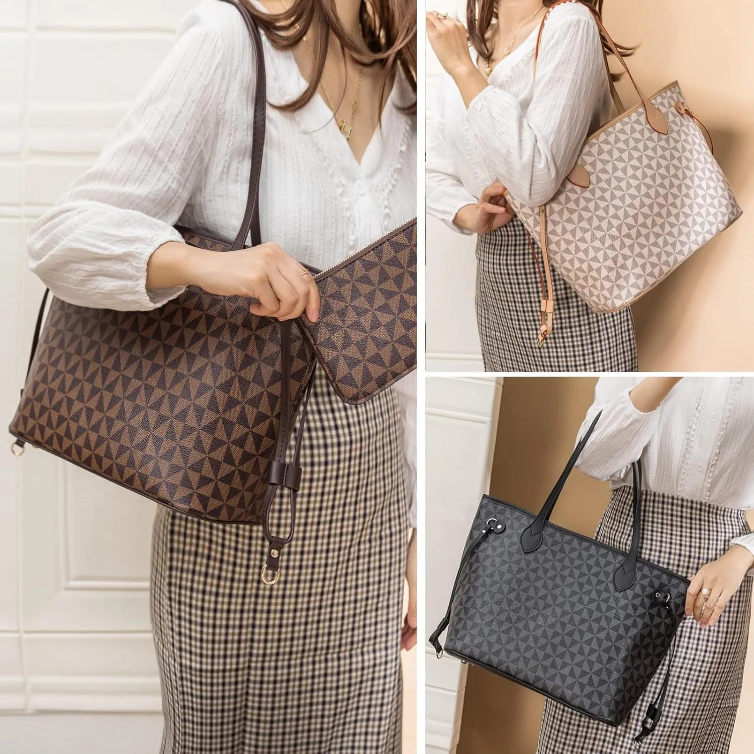 BTYAW Women Leather Tote Bag with Wallet Set Triangle Print Satchel Purse&Shoulder Bag Top Handle Handbag Work Travel (2PCS)