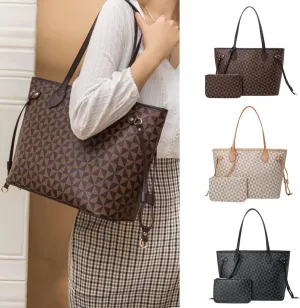 BTYAW Women Leather Tote Bag with Wallet Set Triangle Print Satchel Purse&Shoulder Bag Top Handle Handbag Work Travel (2PCS)