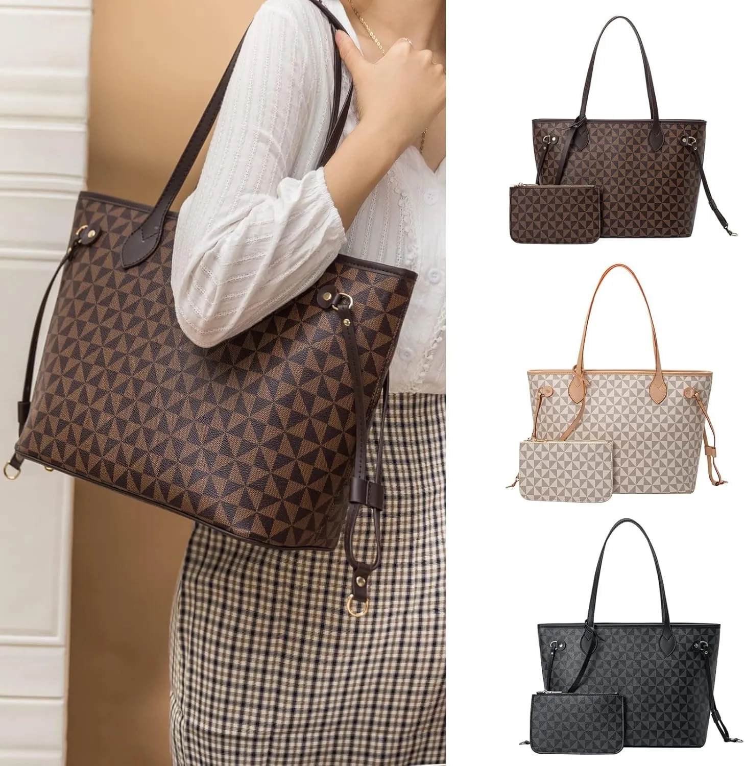 BTYAW Women Leather Tote Bag with Wallet Set Triangle Print Satchel Purse&Shoulder Bag Top Handle Handbag Work Travel (2PCS)