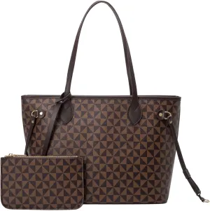BTYAW Women Leather Tote Bag with Wallet Set Triangle Print Satchel Purse&Shoulder Bag Top Handle Handbag Work Travel (2PCS)