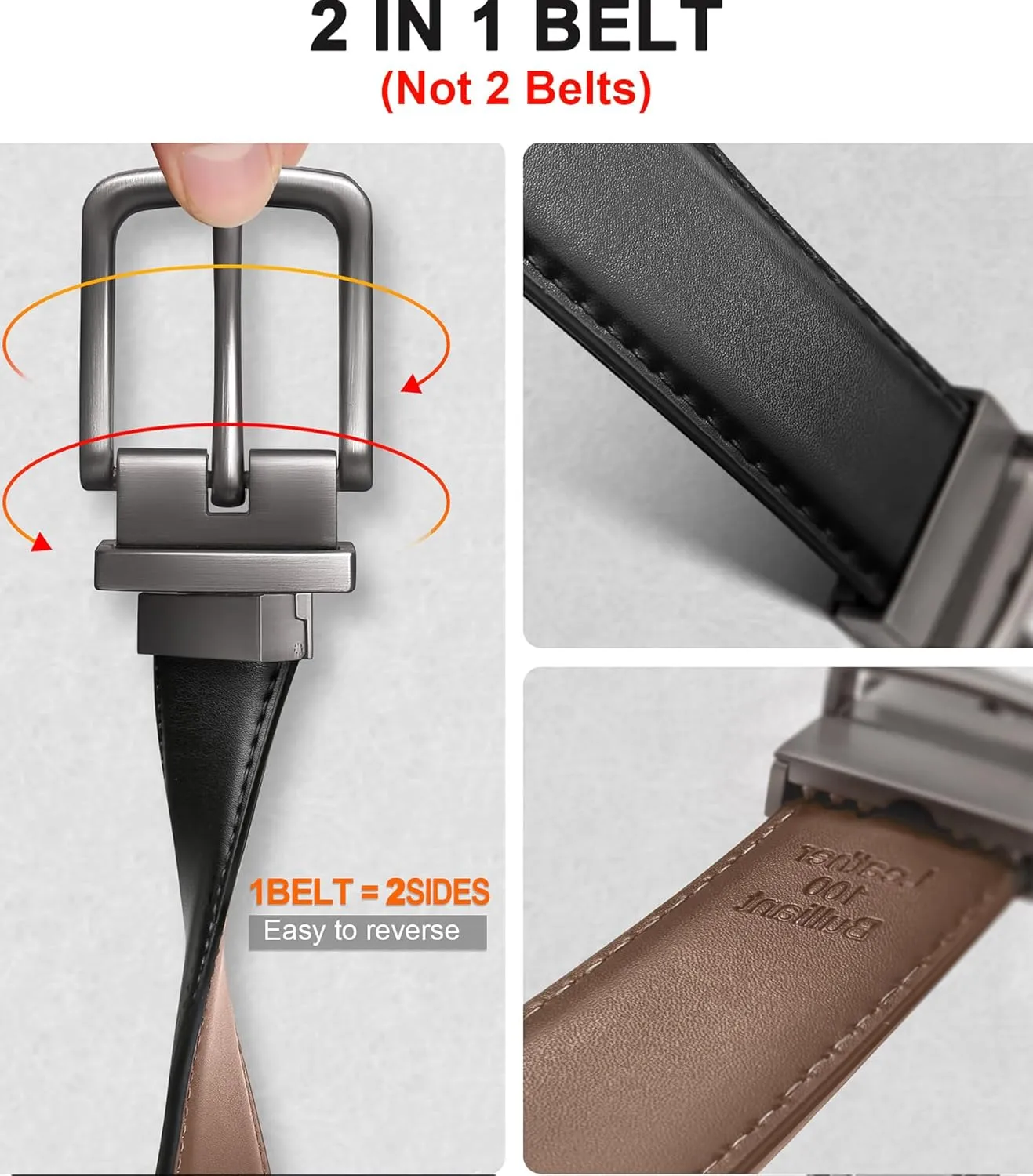 BULLIANT Men's Belt,Reversible Belt Adjustable For Gift Men 1.25”-Cut For Fit-2 Sides in 1 Belt(Not 2)