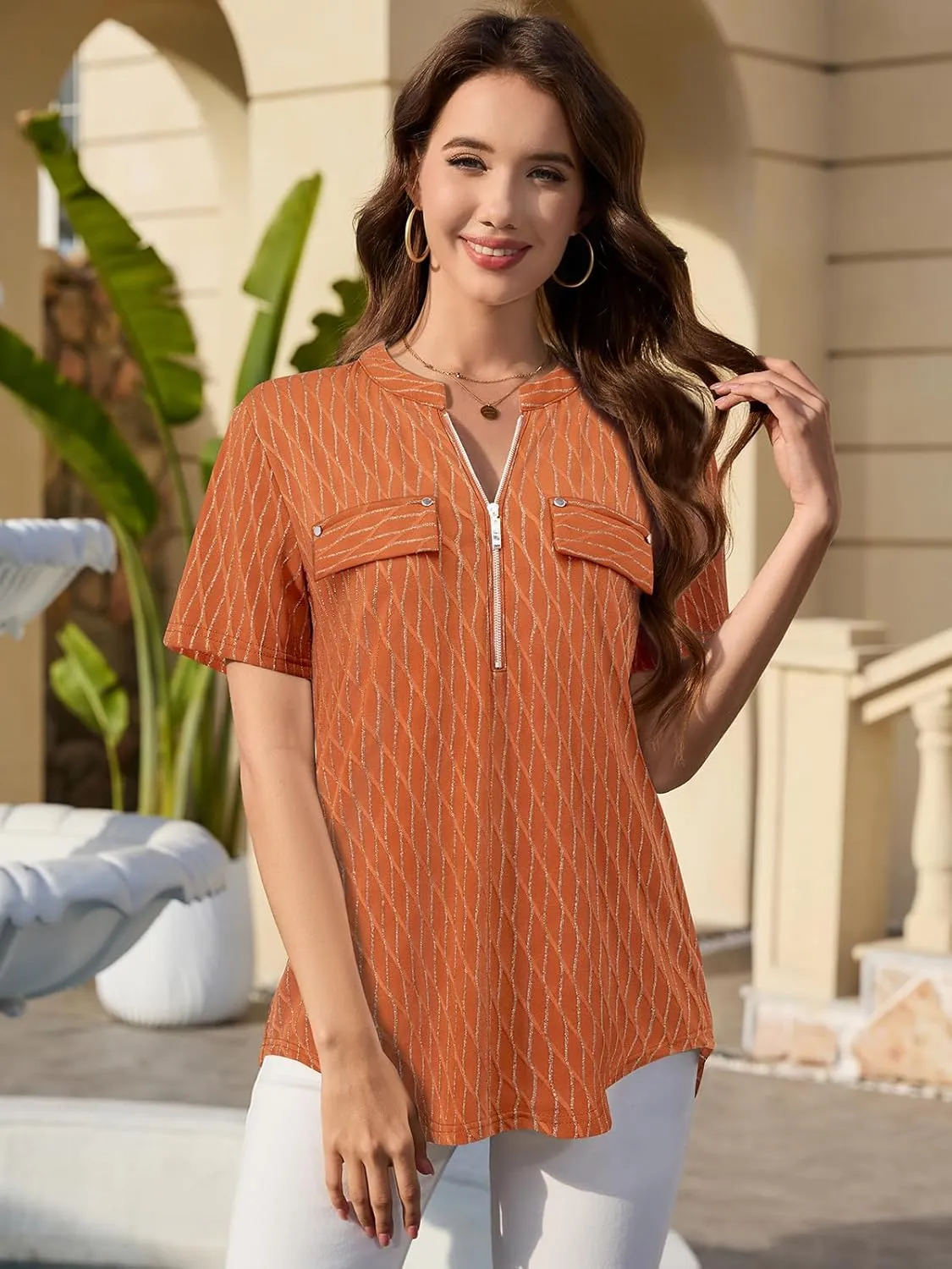 Bulotus Women's Zip Front V-Neck Short Sleeve Work Casual Top Blouse Shirt (Solid and Plaid)