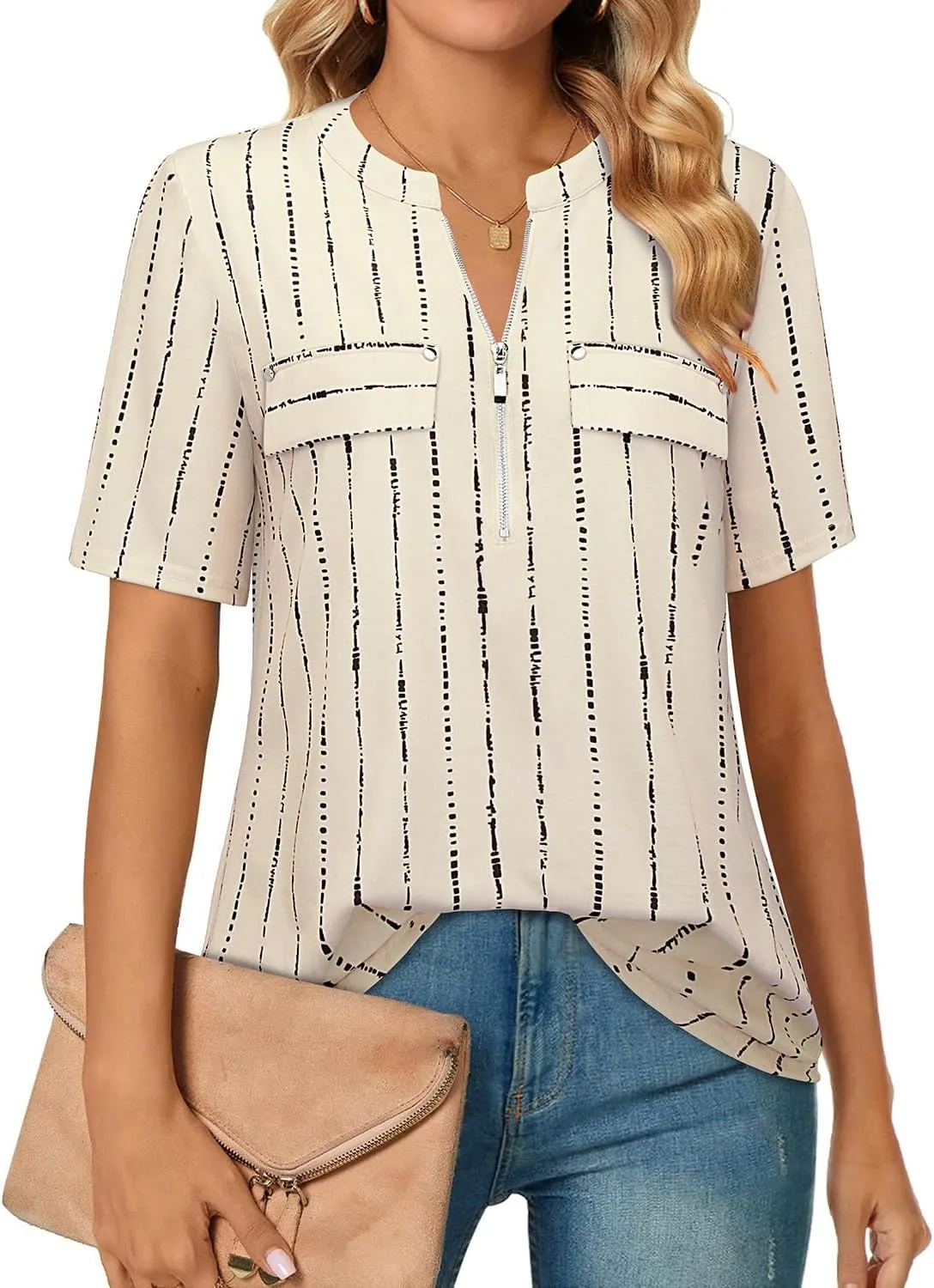 Bulotus Women's Zip Front V-Neck Short Sleeve Work Casual Top Blouse Shirt (Solid and Plaid)