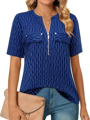 Bulotus Women's Zip Front V-Neck Short Sleeve Work Casual Top Blouse Shirt (Solid and Plaid)