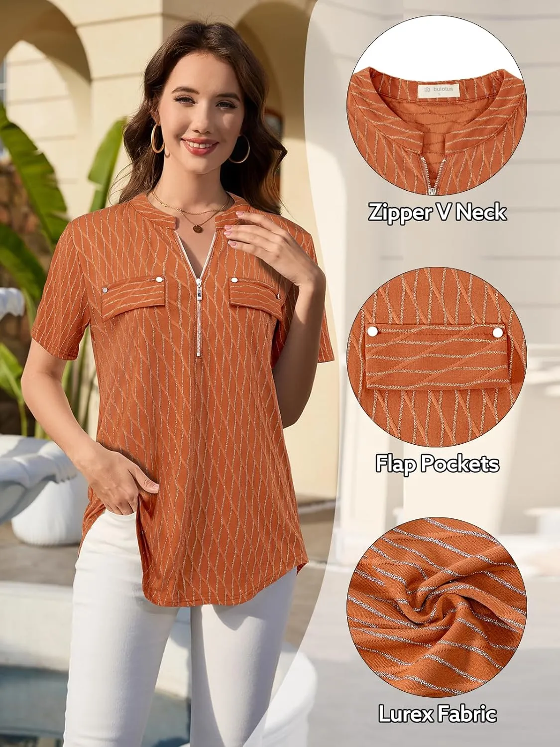Bulotus Women's Zip Front V-Neck Short Sleeve Work Casual Top Blouse Shirt (Solid and Plaid)
