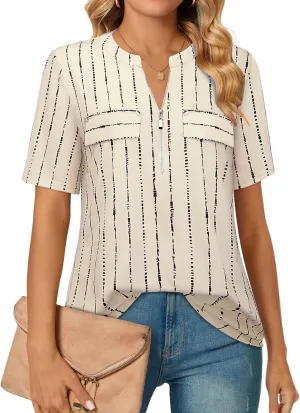 Bulotus Women's Zip Front V-Neck Short Sleeve Work Casual Top Blouse Shirt (Solid and Plaid)