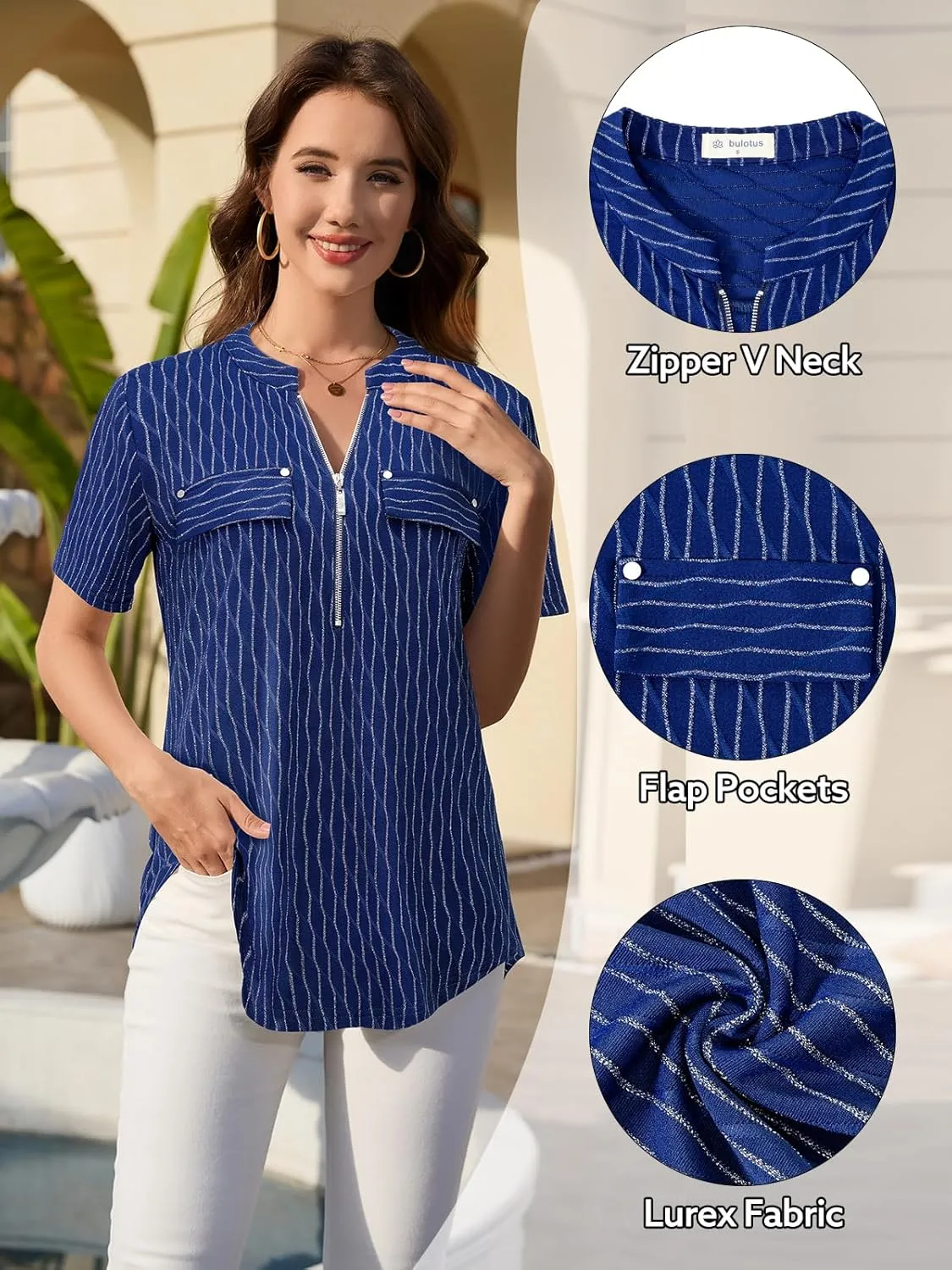 Bulotus Women's Zip Front V-Neck Short Sleeve Work Casual Top Blouse Shirt (Solid and Plaid)