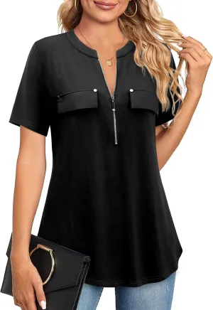 Bulotus Women's Zip Front V-Neck Short Sleeve Work Casual Top Blouse Shirt (Solid and Plaid)