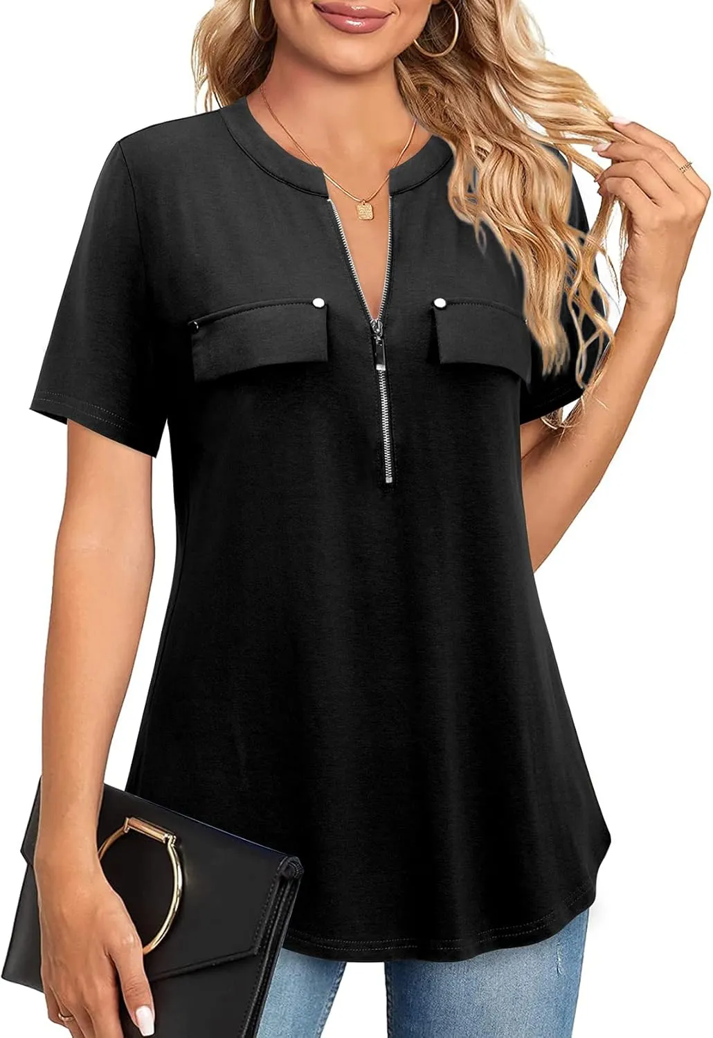 Bulotus Women's Zip Front V-Neck Short Sleeve Work Casual Top Blouse Shirt (Solid and Plaid)
