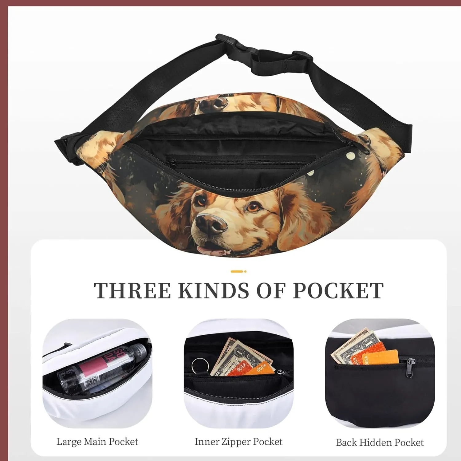 Bumbag Fanny Pack for Women Men Waist Pack Fashion Bum Bag Two Rabbits in Garland Waist Bag for Sport Hiking Travel, Golden Retriever, One Size