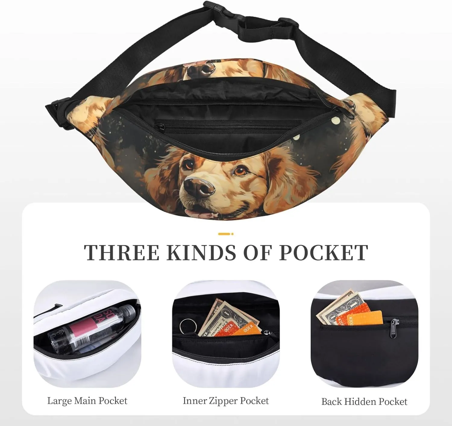 Bumbag Fanny Pack for Women Men Waist Pack Fashion Bum Bag Two Rabbits in Garland Waist Bag for Sport Hiking Travel, Golden Retriever, One Size