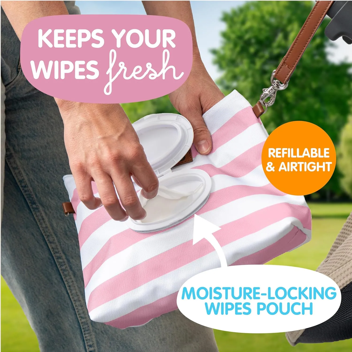 Bumco Diaper Clutch Bag with Refillable Wipes Dispenser - Water Resistant, Lightweight Diaper Pouch with on the go Wipes Dispenser, Portable Baby Wipe Dispenser, (Pink Stripes)