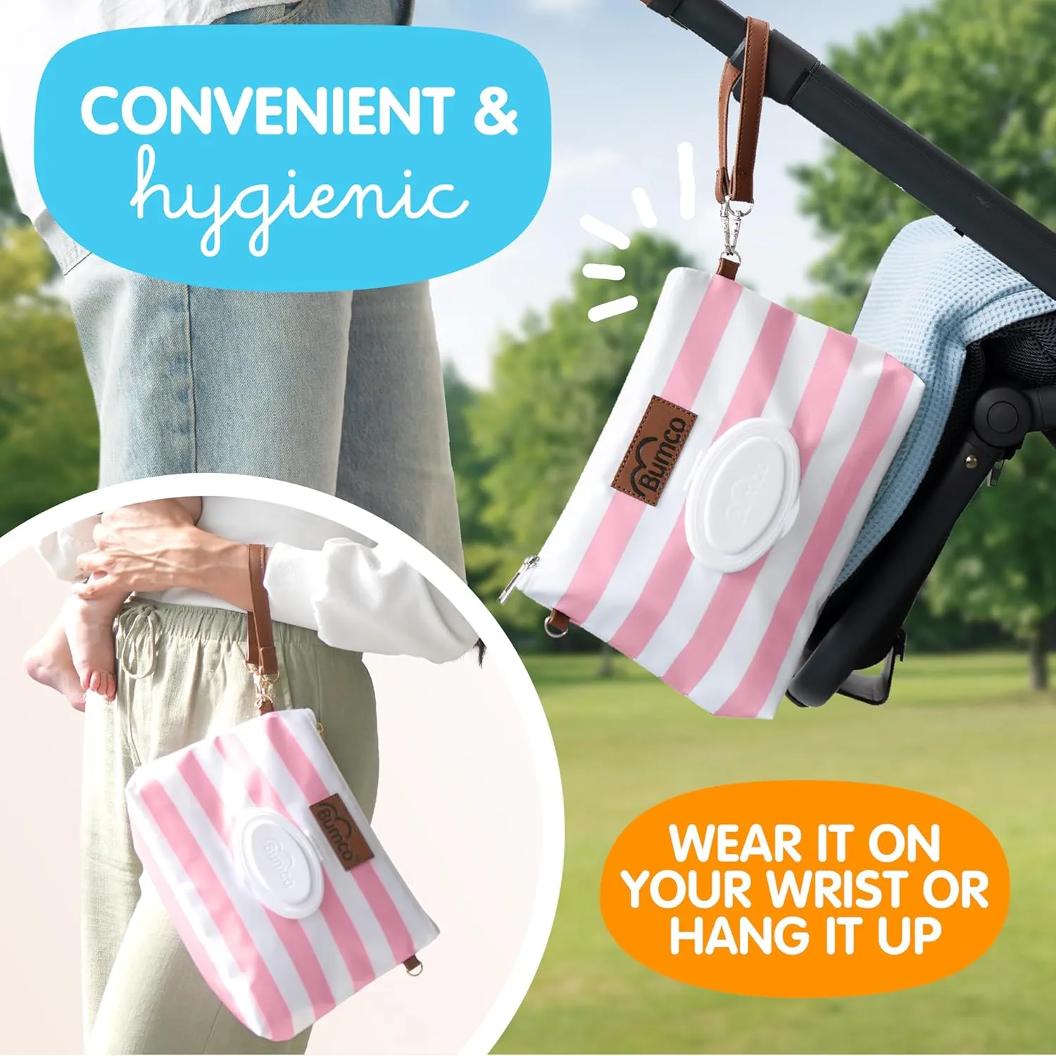 Bumco Diaper Clutch Bag with Refillable Wipes Dispenser - Water Resistant, Lightweight Diaper Pouch with on the go Wipes Dispenser, Portable Baby Wipe Dispenser, (Pink Stripes)