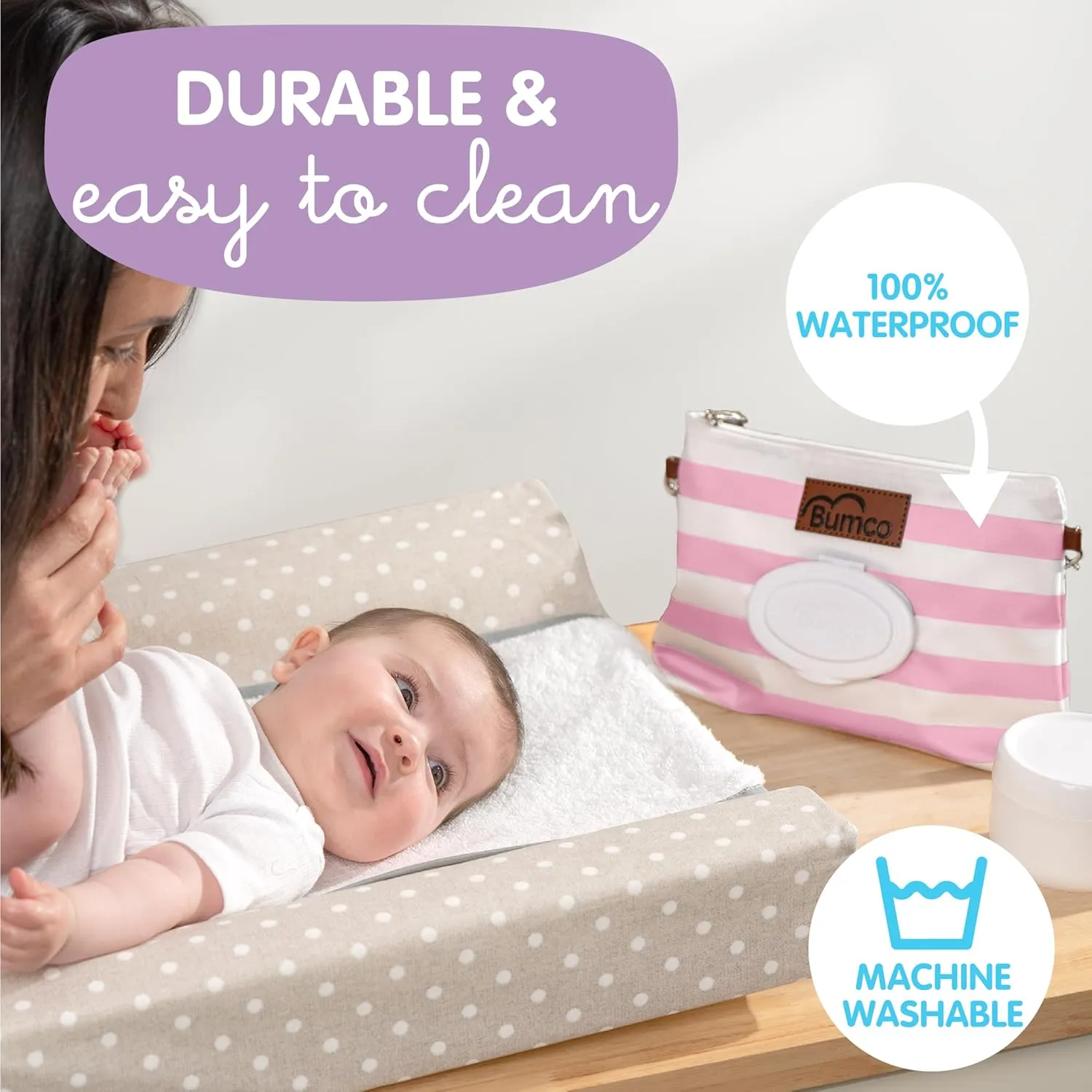 Bumco Diaper Clutch Bag with Refillable Wipes Dispenser - Water Resistant, Lightweight Diaper Pouch with on the go Wipes Dispenser, Portable Baby Wipe Dispenser, (Pink Stripes)