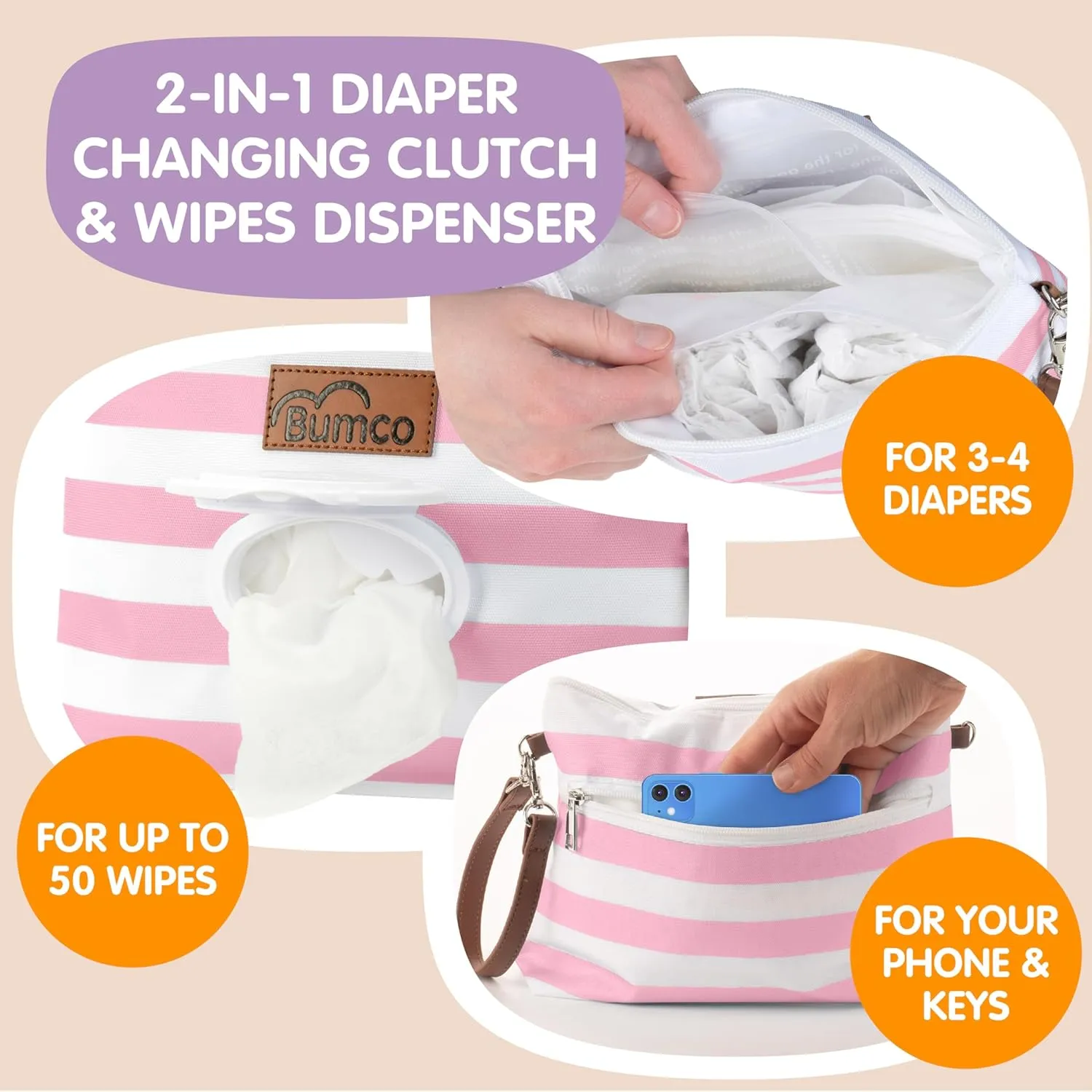 Bumco Diaper Clutch Bag with Refillable Wipes Dispenser - Water Resistant, Lightweight Diaper Pouch with on the go Wipes Dispenser, Portable Baby Wipe Dispenser, (Pink Stripes)