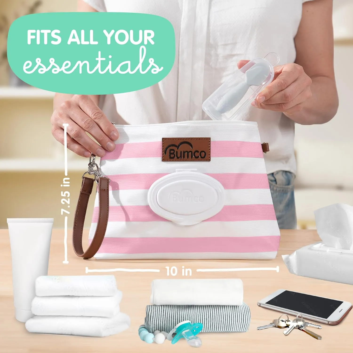 Bumco Diaper Clutch Bag with Refillable Wipes Dispenser - Water Resistant, Lightweight Diaper Pouch with on the go Wipes Dispenser, Portable Baby Wipe Dispenser, (Pink Stripes)
