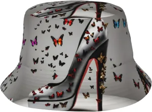 Butterfly High Heel Print Packable Outdoor Cap Unisex Bucket Hat Sun Protection Hat for Summer Beach Fishing Black