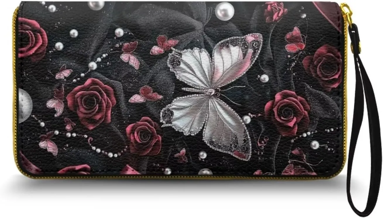 Butterfly Rose Womens Wallet Wristlet Hanbags Leather Clutch Purse Slim Wallet for Shopping Party, Casual Bifold Wallet with Card Holder, Gift for Mom Wife, Black