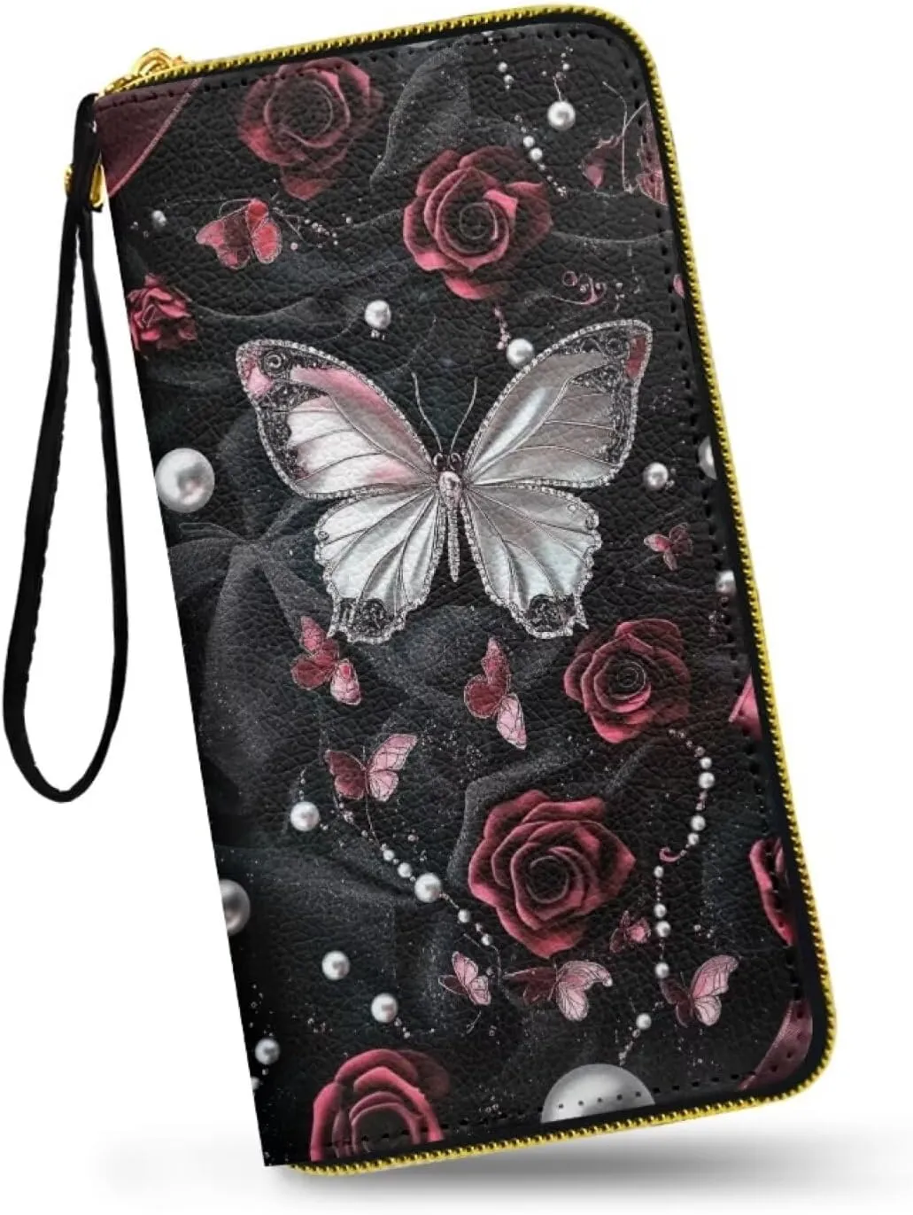 Butterfly Rose Womens Wallet Wristlet Hanbags Leather Clutch Purse Slim Wallet for Shopping Party, Casual Bifold Wallet with Card Holder, Gift for Mom Wife, Black