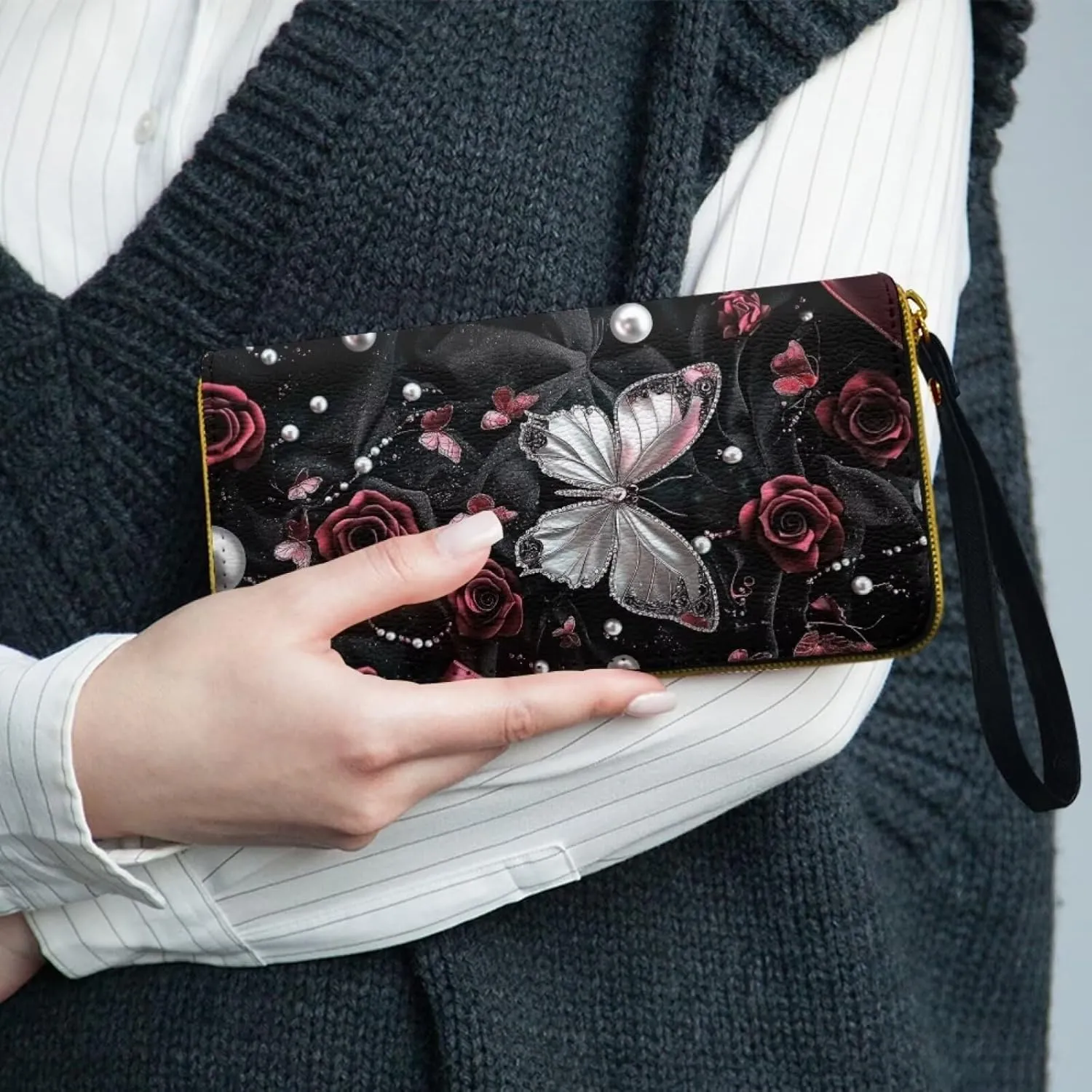 Butterfly Rose Womens Wallet Wristlet Hanbags Leather Clutch Purse Slim Wallet for Shopping Party, Casual Bifold Wallet with Card Holder, Gift for Mom Wife, Black