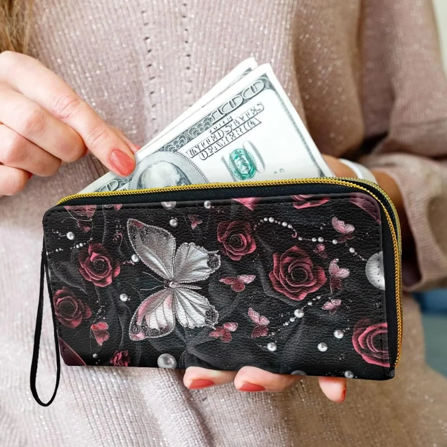 Butterfly Rose Womens Wallet Wristlet Hanbags Leather Clutch Purse Slim Wallet for Shopping Party, Casual Bifold Wallet with Card Holder, Gift for Mom Wife, Black