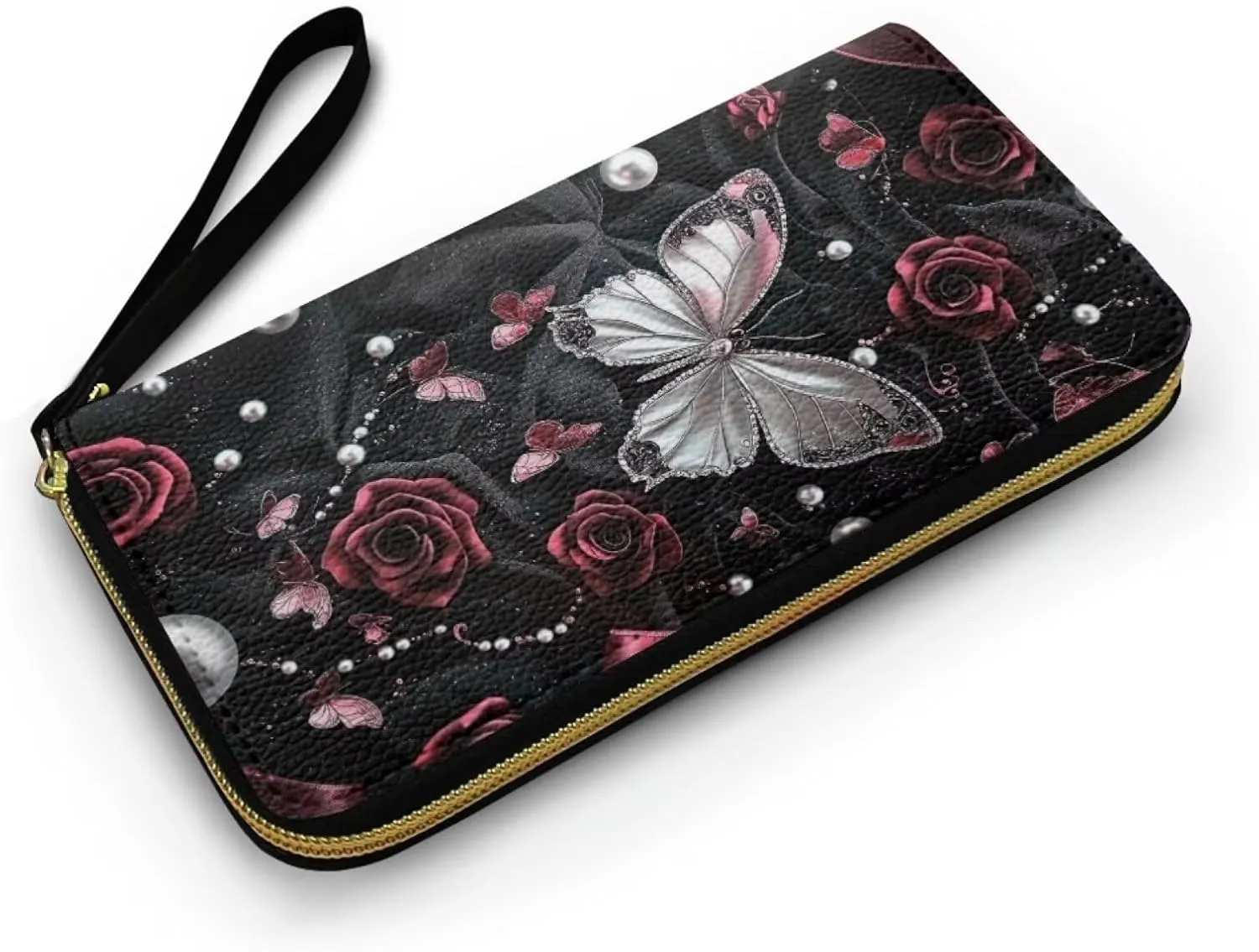 Butterfly Rose Womens Wallet Wristlet Hanbags Leather Clutch Purse Slim Wallet for Shopping Party, Casual Bifold Wallet with Card Holder, Gift for Mom Wife, Black