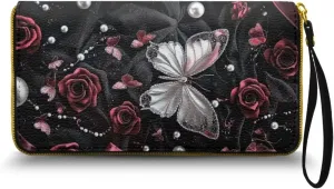 Butterfly Rose Womens Wallet Wristlet Hanbags Leather Clutch Purse Slim Wallet for Shopping Party, Casual Bifold Wallet with Card Holder, Gift for Mom Wife, Black