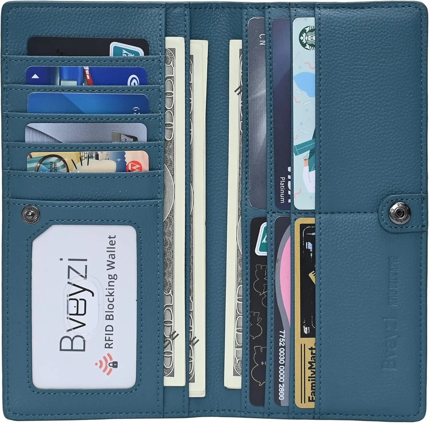 Bveyzi Ultra Slim Thin Leather RFID Blocking Credit Card Holder Bifold Clutch Wallets for Women