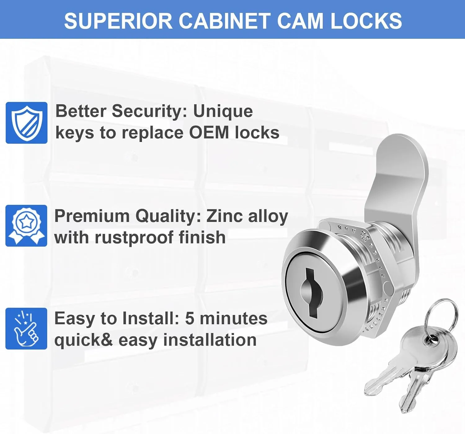 Cabinet Locks with Keys, 5/8" Cam Locks Keyed Alike, Tool Box Lock for Truck Pickup Mailbox Cabinet Cam Lock Toolbox Lock Replacement Set, Zinc Alloy (20 Pack, 5/8 Inch)