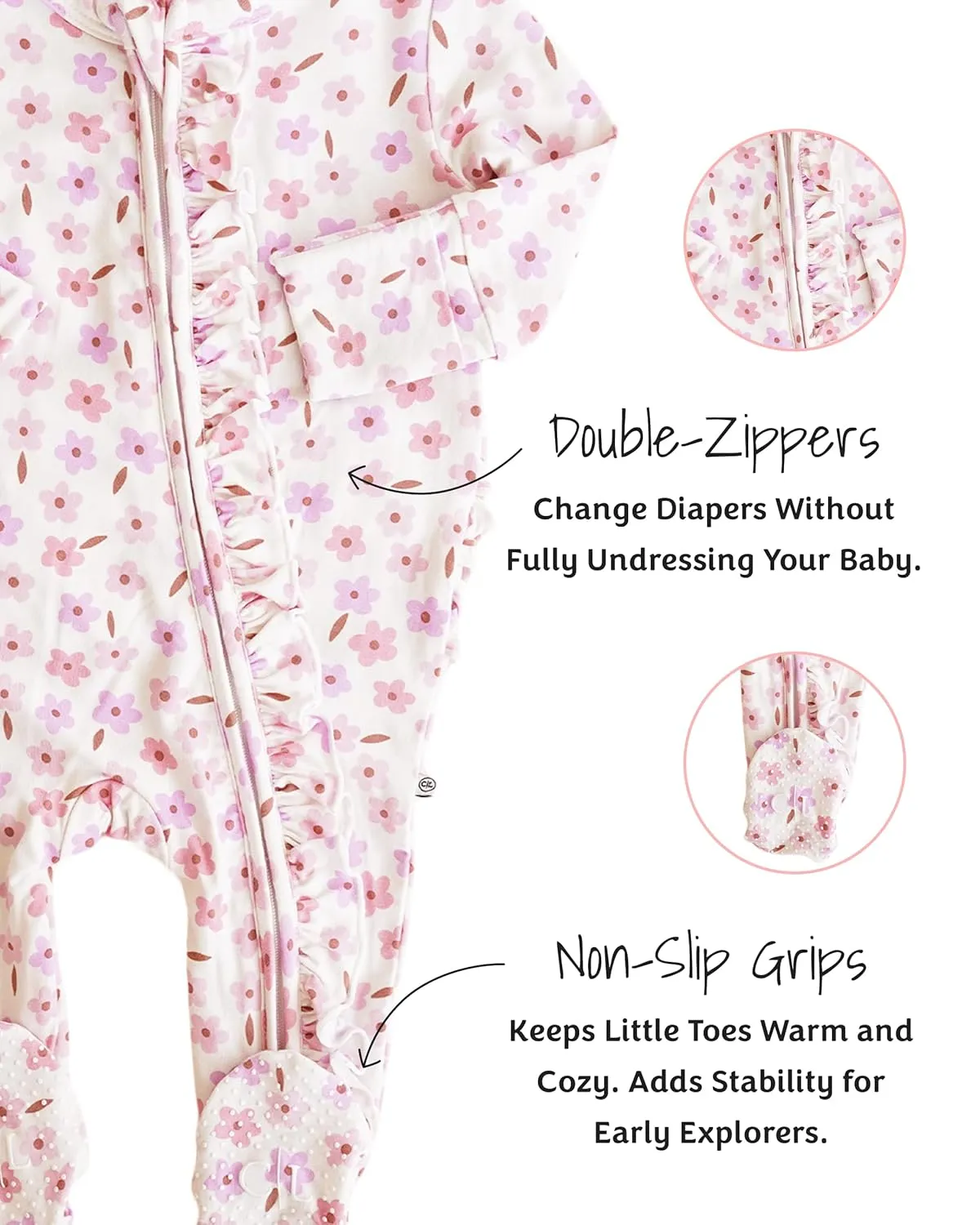 Caden Lane Zippered Baby Footie Pajamas, Soft Onesie Bodysuit with Feet & Double Zipper for Easy Diaper Change, Infant, and Toddler Footed One-Piece Jumpsuit, Blushing Blooms, Newborn