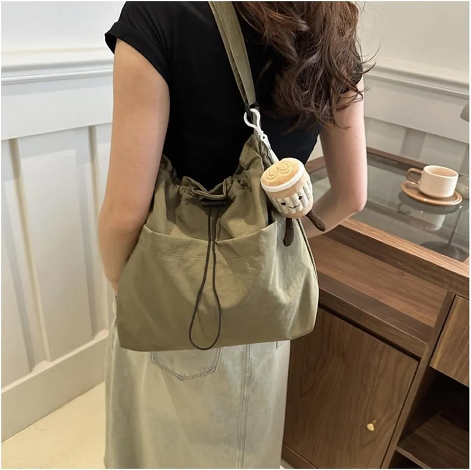 Canvas Drawstring Bucket Bag Crossbody Bucket Handbag and Purse with Adjustable Strap Casual Shoulder Bucket Tote Bag