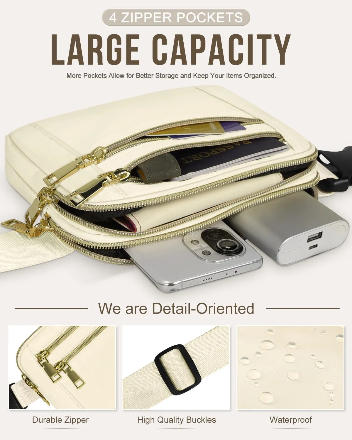 Capolo Fanny Packs for Women Fashion Waist Packs Bag with Adjustable Strap and 4 Zipper Pockets Waterproof Everywhere Crossbody Belt Bag for Workout Running Travelling(Ivory)