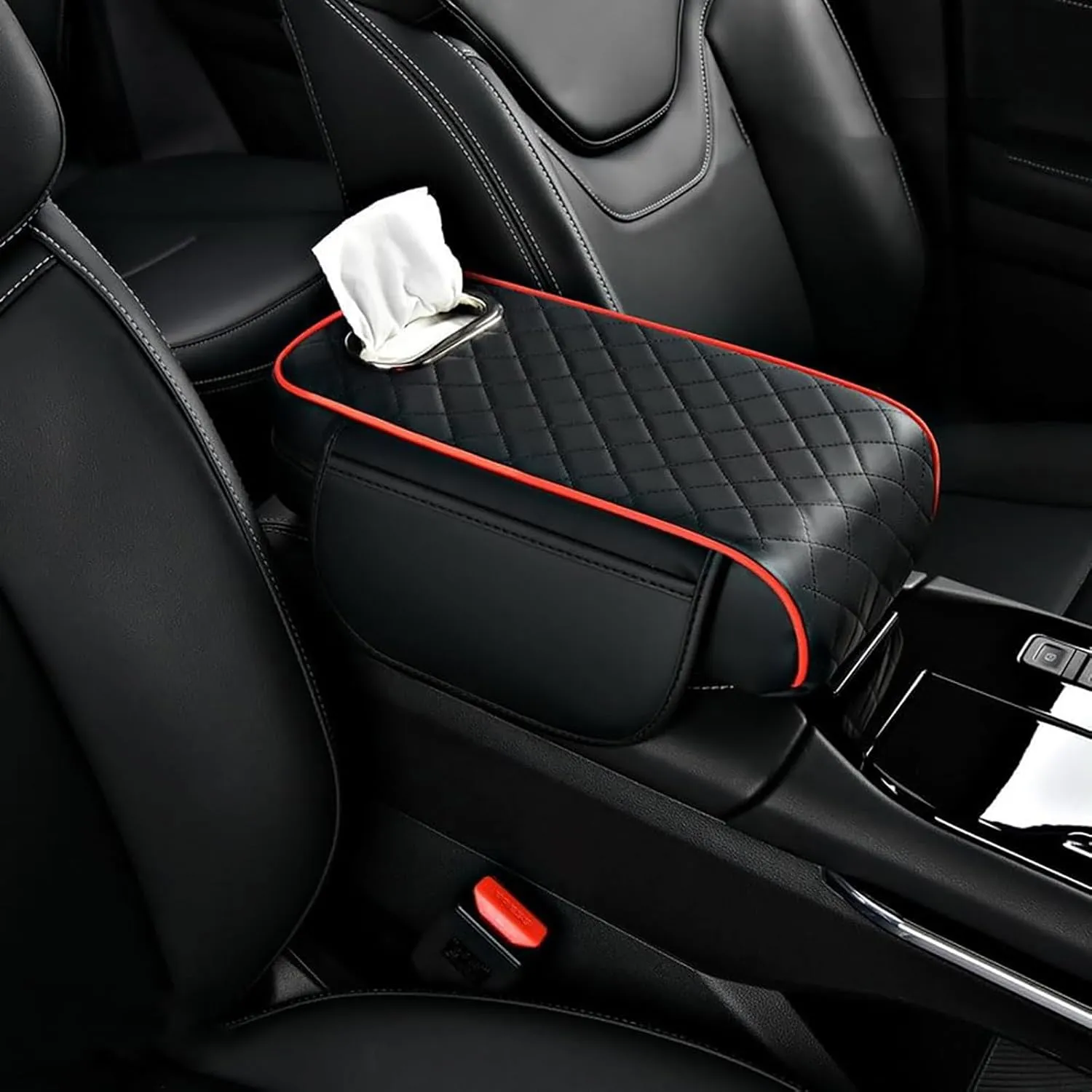 Car Arm Rest Cover Pad for Nissan Kicks 2016 2017 2018 2019 2020 2021, Leather Memory Foam Center Console Cushion with 2 Storage Bags and a Tissue Box Universal Car Interior Accessories