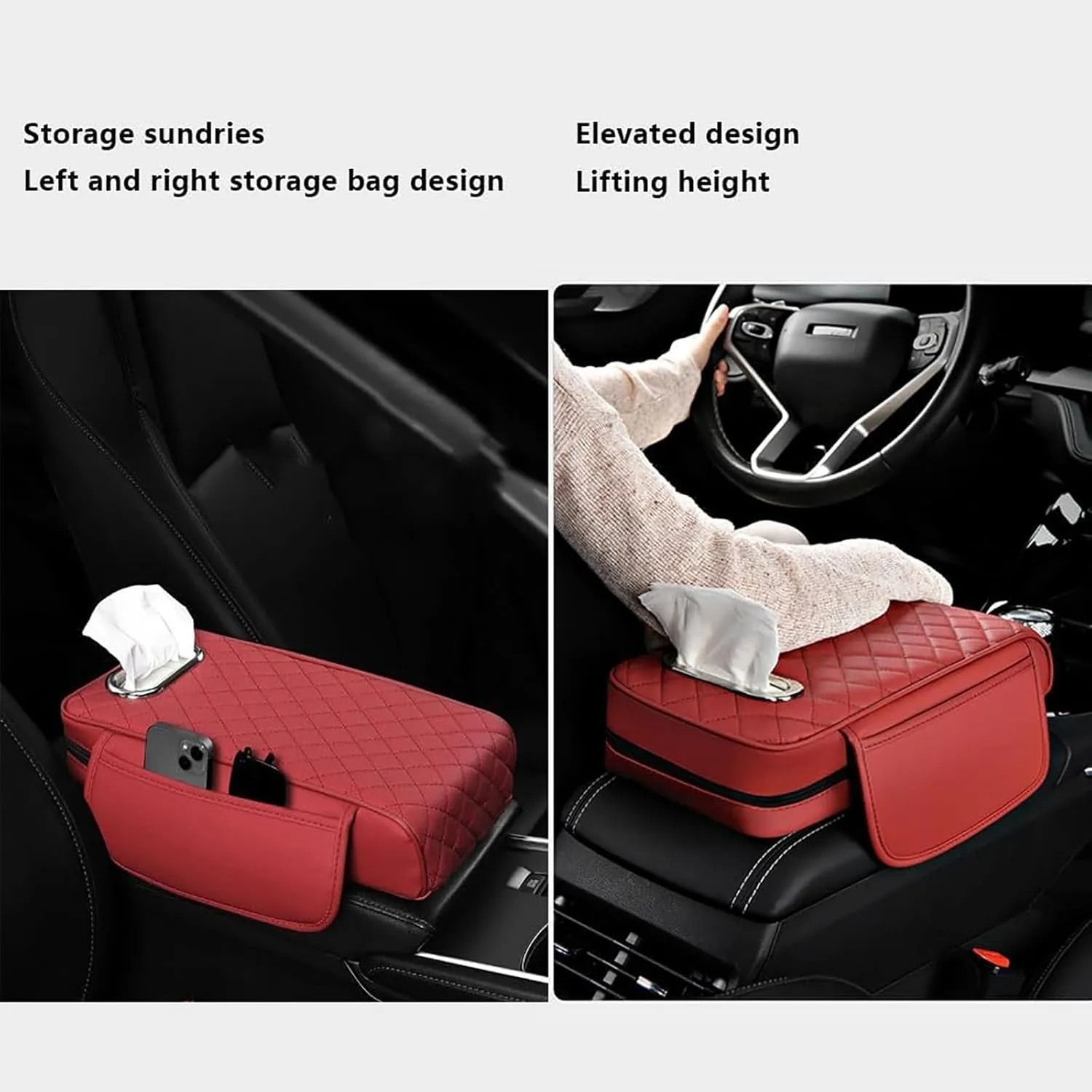 Car Arm Rest Cover Pad for Nissan Kicks 2016 2017 2018 2019 2020 2021, Leather Memory Foam Center Console Cushion with 2 Storage Bags and a Tissue Box Universal Car Interior Accessories