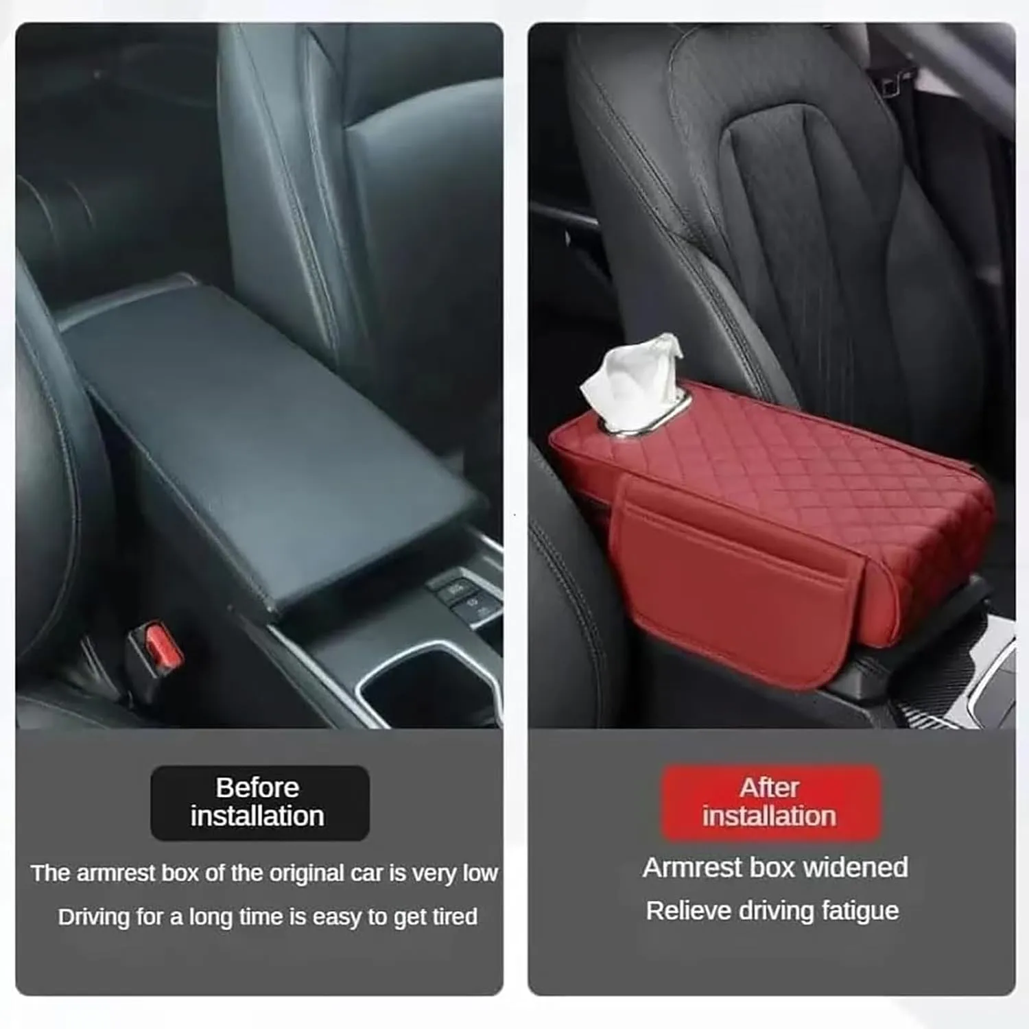 Car Arm Rest Cover Pad for Nissan Kicks 2016 2017 2018 2019 2020 2021, Leather Memory Foam Center Console Cushion with 2 Storage Bags and a Tissue Box Universal Car Interior Accessories