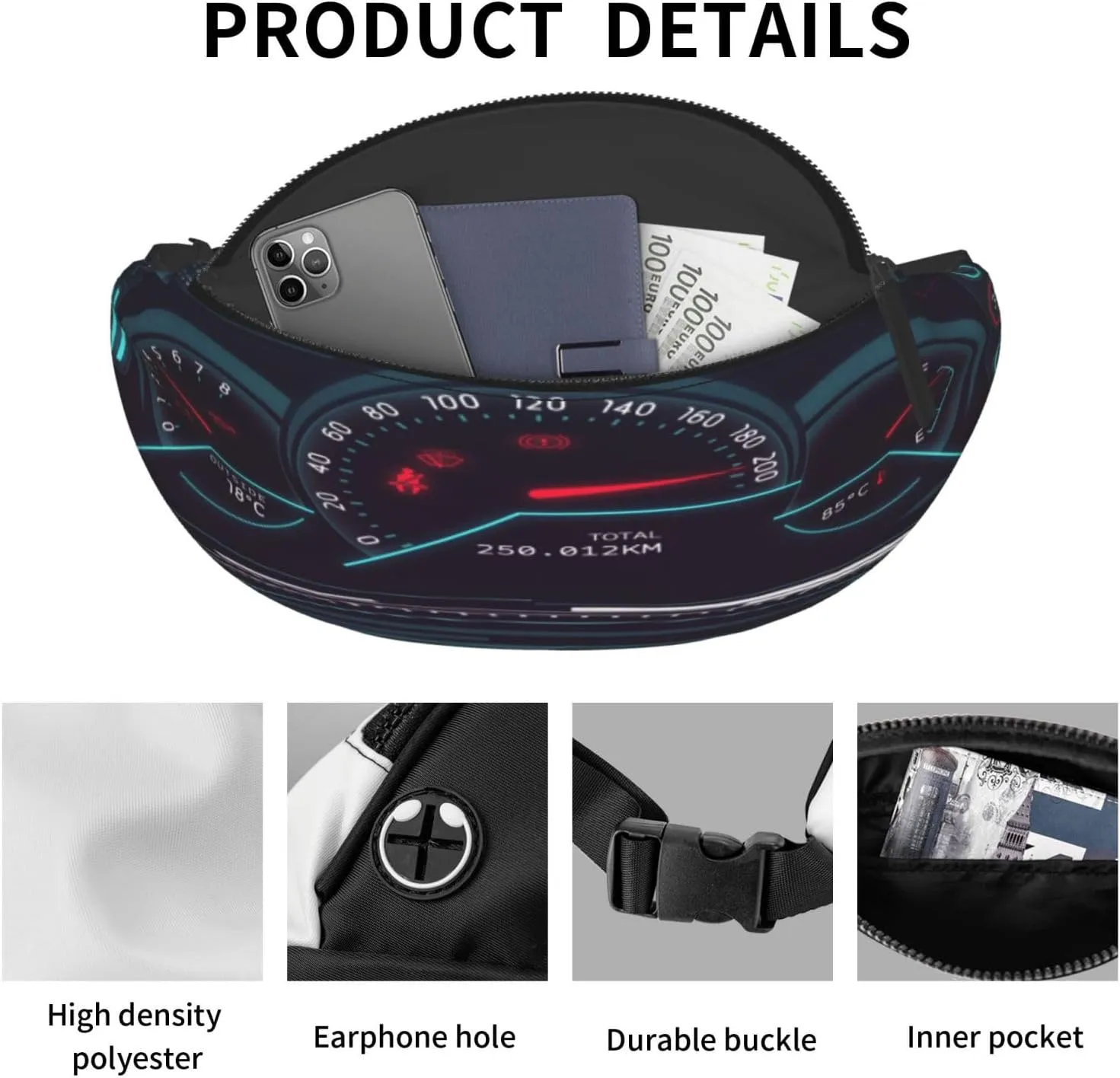 Car Dashboard Fanny Pack, Crossbody Waist Packs for Women Men Waist Bags with Adjustable Strap for Travel Running Hiking Sport