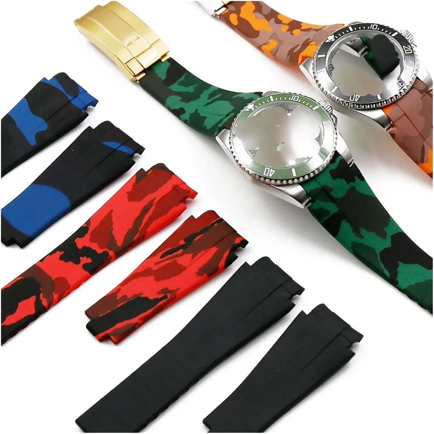 CAREG Camouflage Rubber Strap Men's Folding Buckle Watch Accessories Compatible With Rolex Water Ghost Di Tong Take 20mm Waterproof Silicone Strap Durable