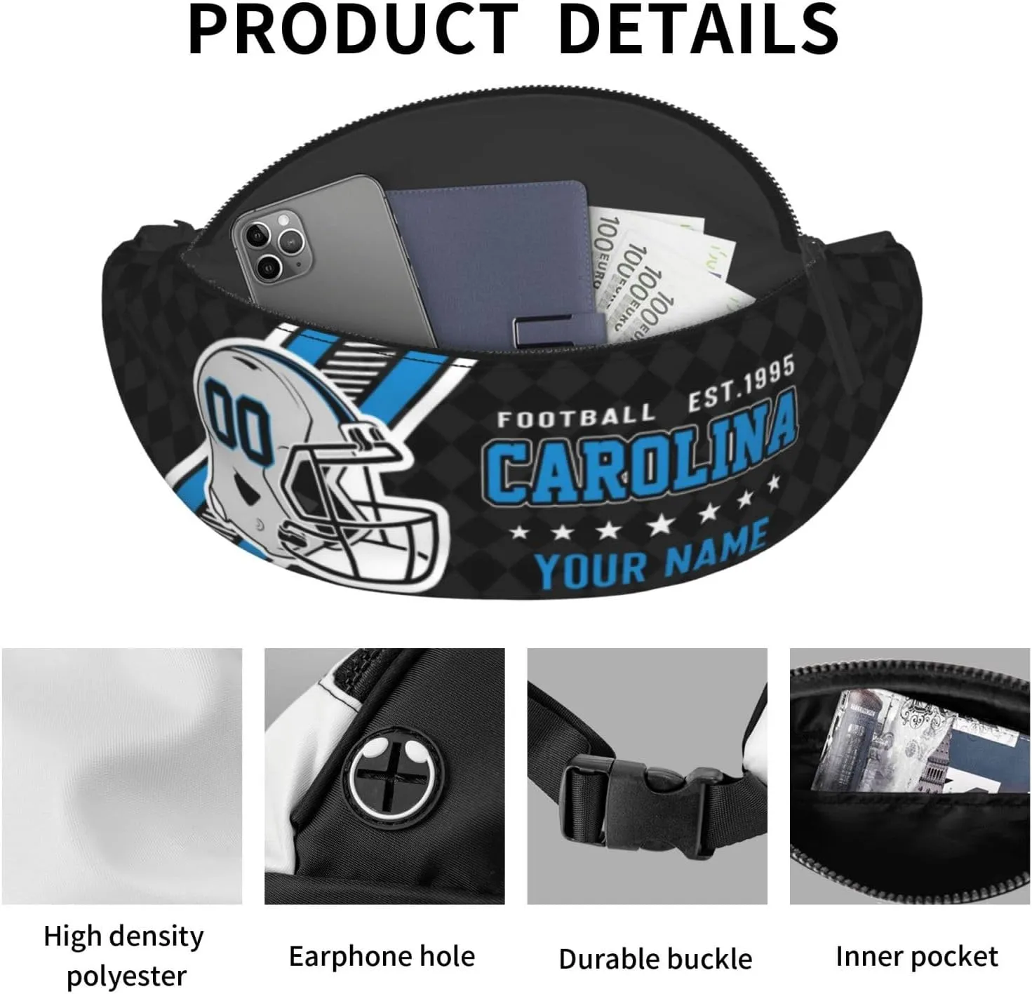 Carolina Waist Bag Adjustable Football Belt Bag Personalized Custom Fanny Pack Sports Hiking Running Belt Waist Pack for Women Men Fans Gifts