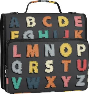 Cartoon Alphabet Zipper Binder, 1.5 inch 3 Ring Binder Organizer Bag with Shoulder Strap and Handle, Multi-Pocket, 500 Sheet Capacity