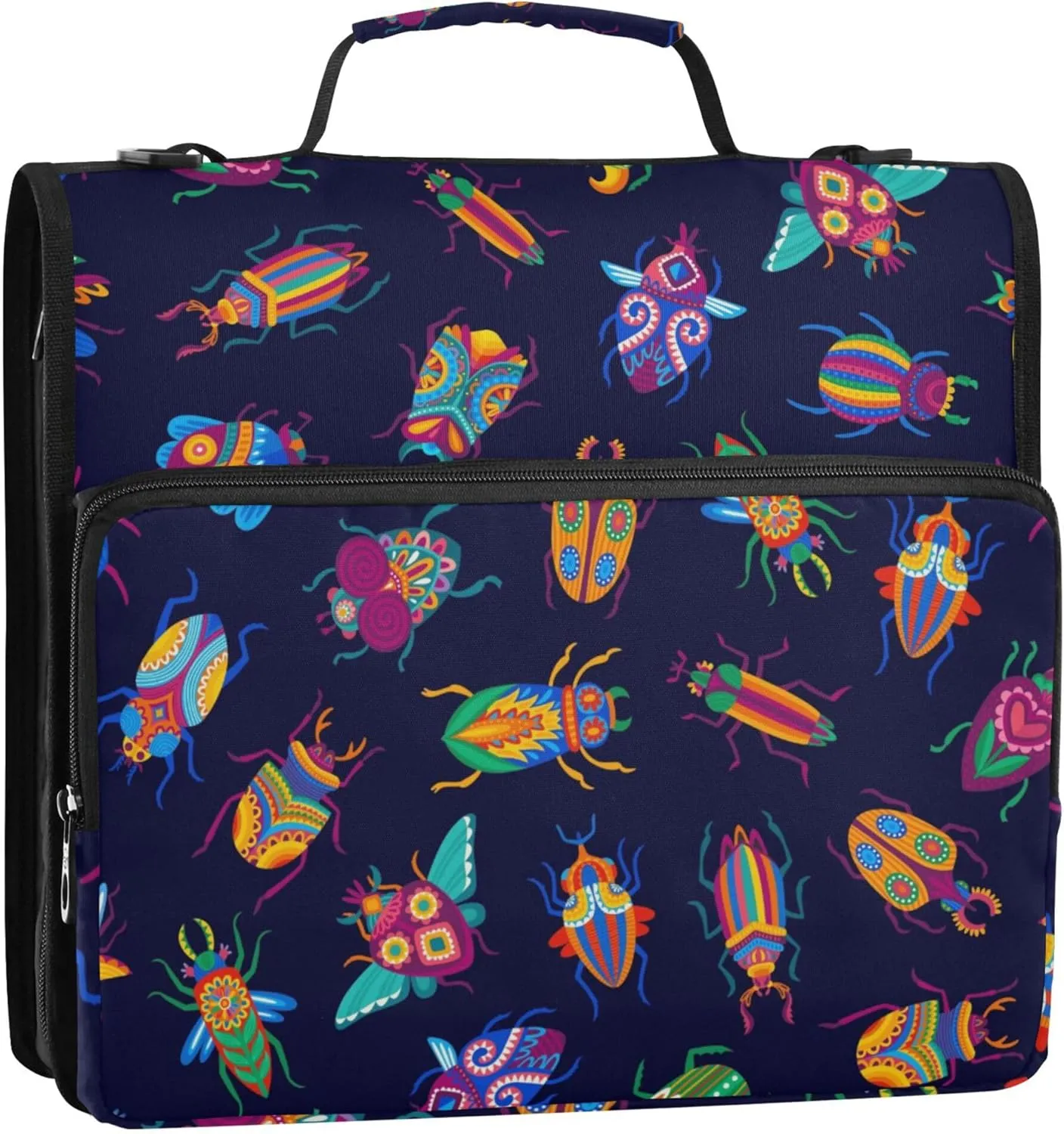 Cartoon Beetles Colorful Bugs and Insects Zipper Binder, 1.5 inch 3 Ring Binder Organizer Bag with Shoulder Strap and Handle, 500 Sheet Capacity