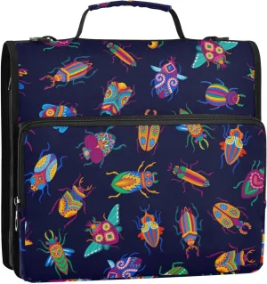 Cartoon Beetles Colorful Bugs and Insects Zipper Binder, 1.5 inch 3 Ring Binder Organizer Bag with Shoulder Strap and Handle, 500 Sheet Capacity