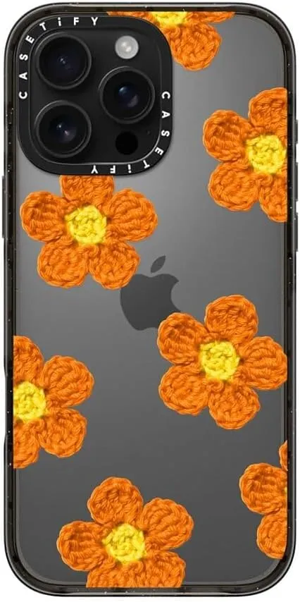 CASETiFY Impact Case for iPhone 16 Pro Max [Slim / 8.2 ft. 4X Military Grade Drop Protection/Wireless Charging Compatible] - Crochet Flowers - Orange - Clear Black