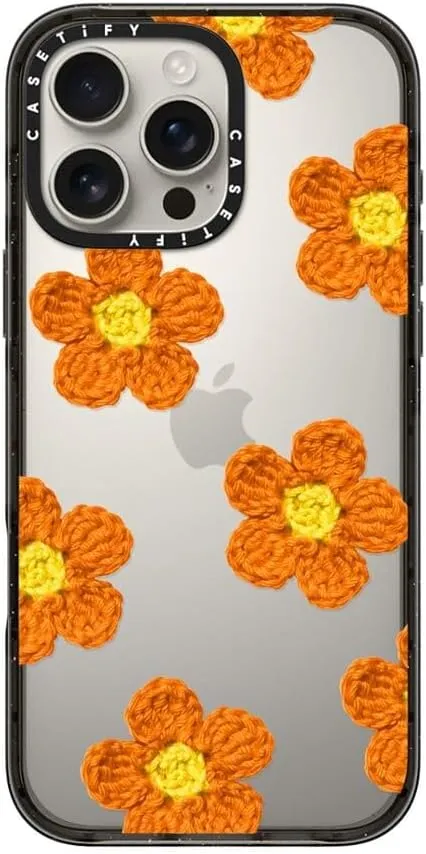 CASETiFY Impact Case for iPhone 16 Pro Max [Slim / 8.2 ft. 4X Military Grade Drop Protection/Wireless Charging Compatible] - Crochet Flowers - Orange - Clear Black