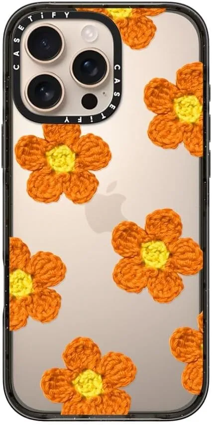 CASETiFY Impact Case for iPhone 16 Pro Max [Slim / 8.2 ft. 4X Military Grade Drop Protection/Wireless Charging Compatible] - Crochet Flowers - Orange - Clear Black