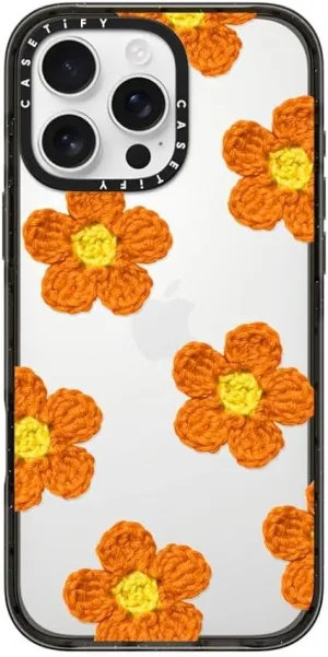 CASETiFY Impact Case for iPhone 16 Pro Max [Slim / 8.2 ft. 4X Military Grade Drop Protection/Wireless Charging Compatible] - Crochet Flowers - Orange - Clear Black