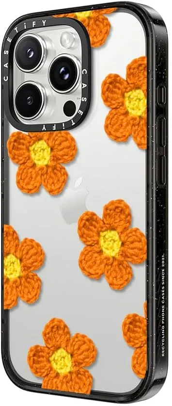 CASETiFY Impact Case for iPhone 16 Pro Max [Slim / 8.2 ft. 4X Military Grade Drop Protection/Wireless Charging Compatible] - Crochet Flowers - Orange - Clear Black