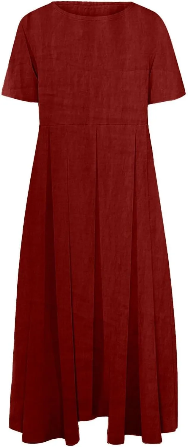 Casual Cotton Linen Dress for Women Crew Neck Long Sleeve Flowy Plus Size Summer Daily Maxi Dress with Pockets