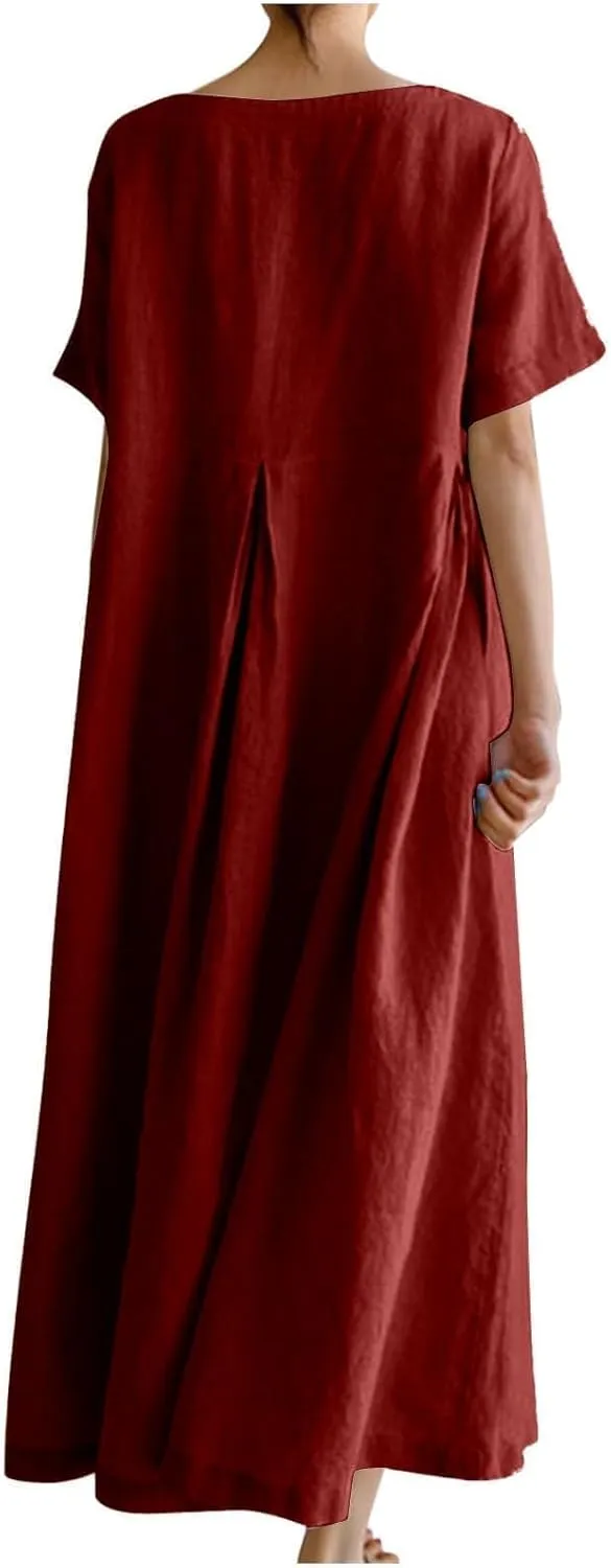 Casual Cotton Linen Dress for Women Crew Neck Long Sleeve Flowy Plus Size Summer Daily Maxi Dress with Pockets
