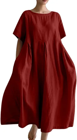 Casual Cotton Linen Dress for Women Crew Neck Long Sleeve Flowy Plus Size Summer Daily Maxi Dress with Pockets