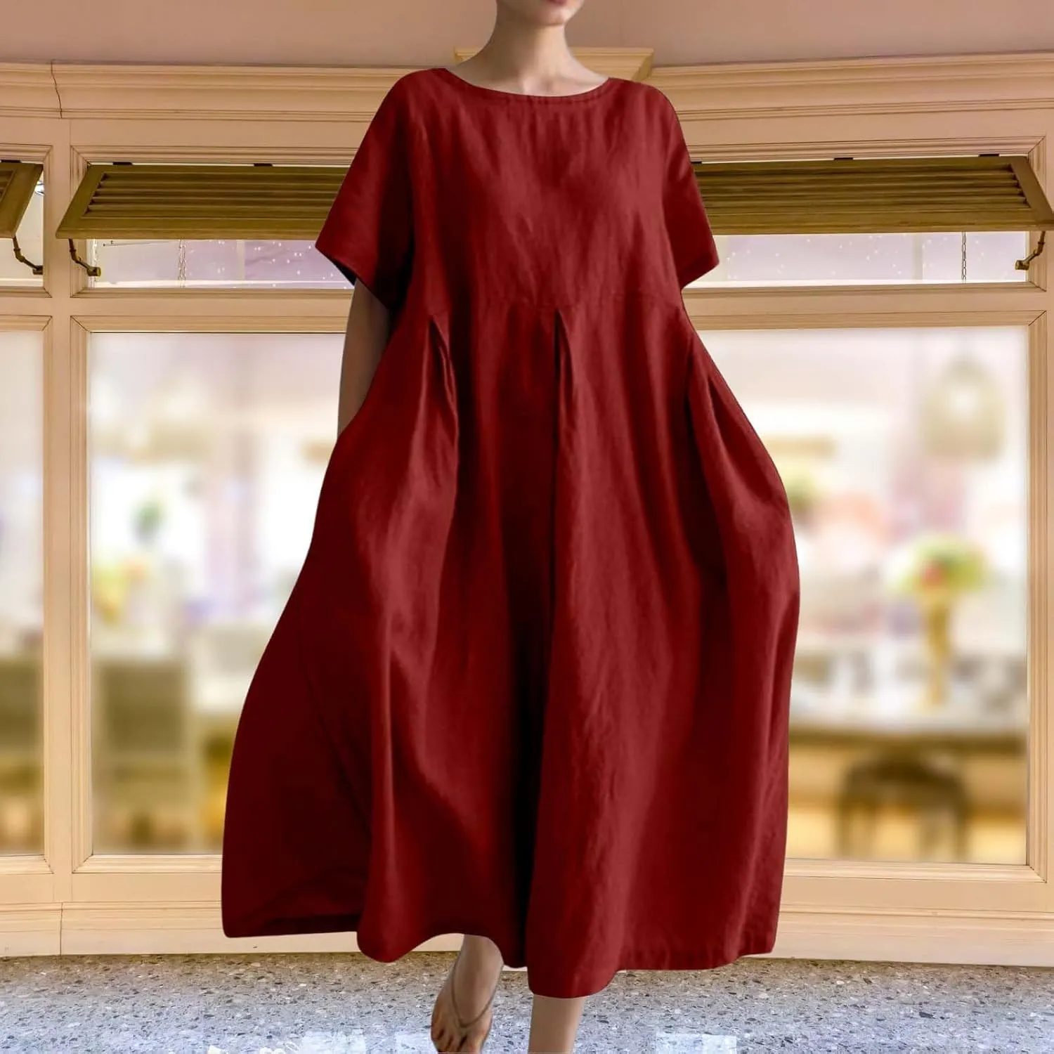 Casual Cotton Linen Dress for Women Crew Neck Long Sleeve Flowy Plus Size Summer Daily Maxi Dress with Pockets